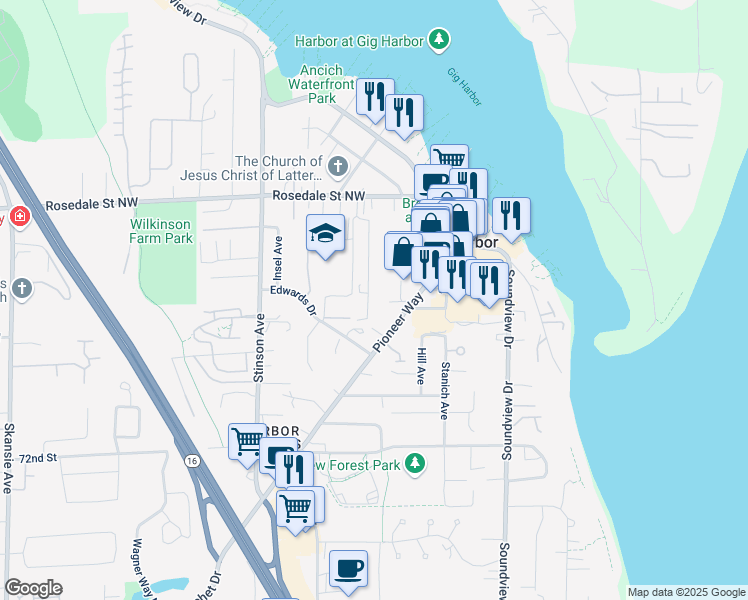 map of restaurants, bars, coffee shops, grocery stores, and more near 7617 Chinook Avenue in Gig Harbor