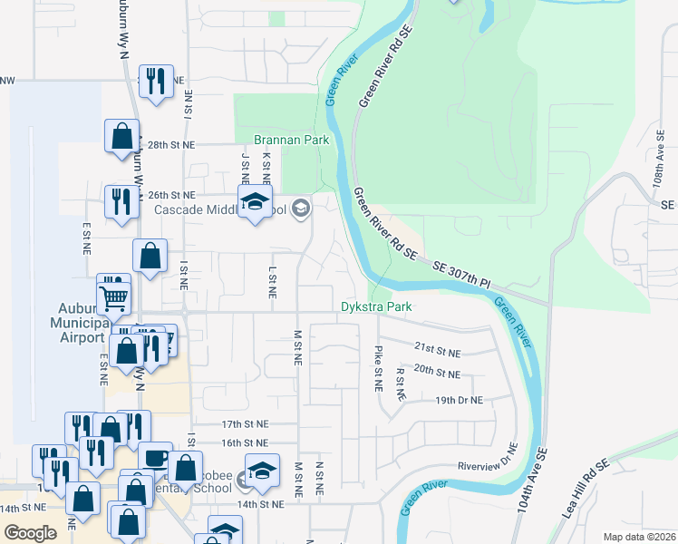 map of restaurants, bars, coffee shops, grocery stores, and more near 2307 O Street Northeast in Auburn