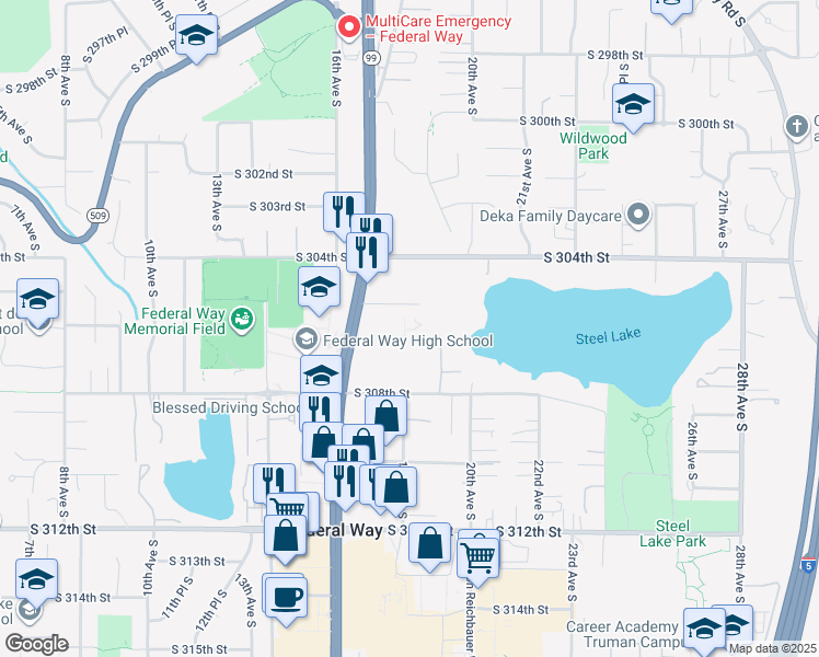 map of restaurants, bars, coffee shops, grocery stores, and more near 1757 South 305th Place in Federal Way