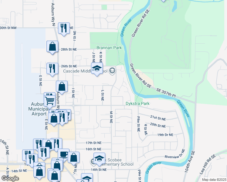 map of restaurants, bars, coffee shops, grocery stores, and more near 2312 M Street Northeast in Auburn