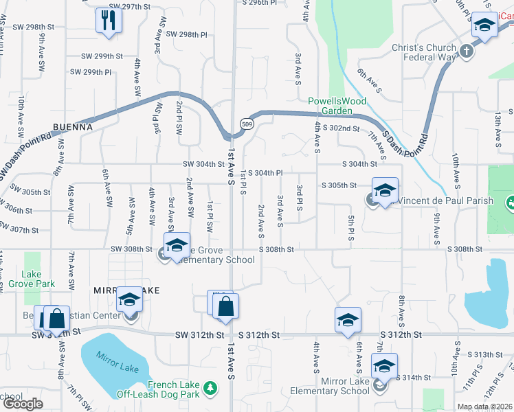 map of restaurants, bars, coffee shops, grocery stores, and more near 30438 2nd Avenue South in Federal Way
