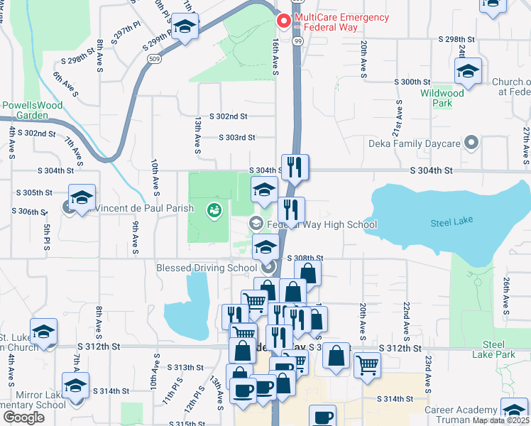 map of restaurants, bars, coffee shops, grocery stores, and more near 30611 16th Avenue South in Federal Way