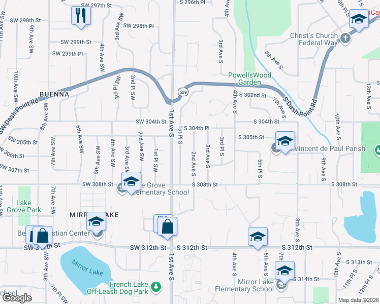 map of restaurants, bars, coffee shops, grocery stores, and more near 30438 2nd Avenue South in Federal Way