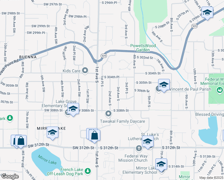 map of restaurants, bars, coffee shops, grocery stores, and more near 30438 2nd Avenue South in Federal Way