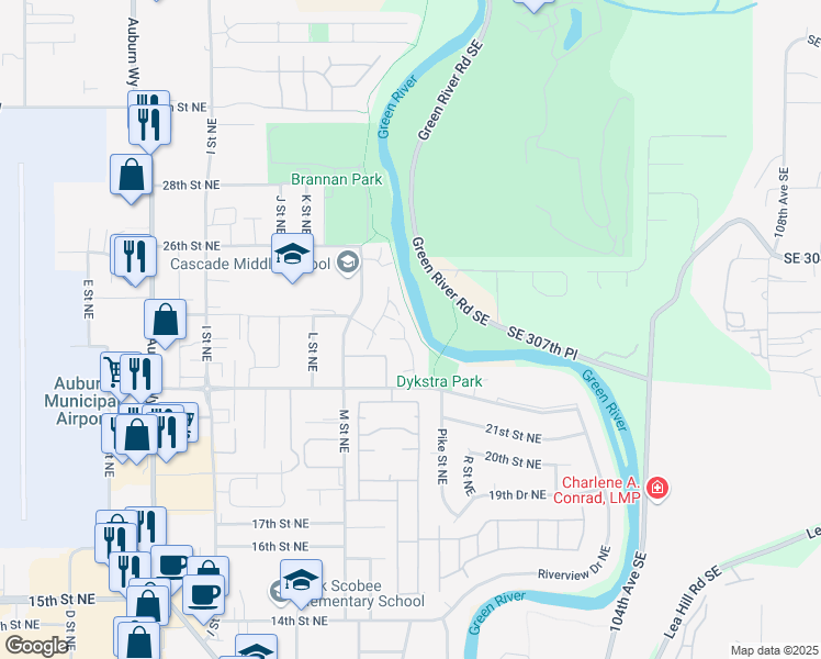 map of restaurants, bars, coffee shops, grocery stores, and more near 2302 O Street Northeast in Auburn