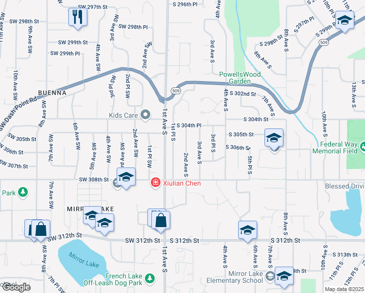 map of restaurants, bars, coffee shops, grocery stores, and more near 30438 2nd Avenue South in Federal Way