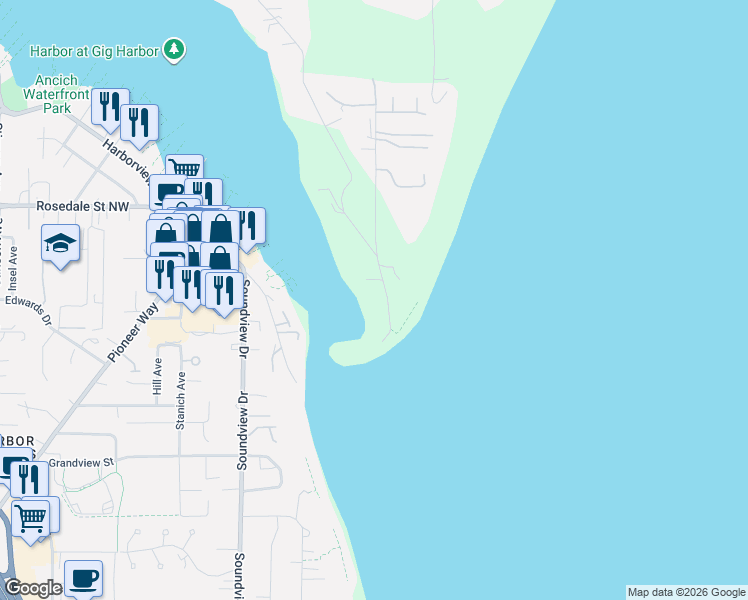 map of restaurants, bars, coffee shops, grocery stores, and more near 7706 Goodman Drive Northwest in Gig Harbor