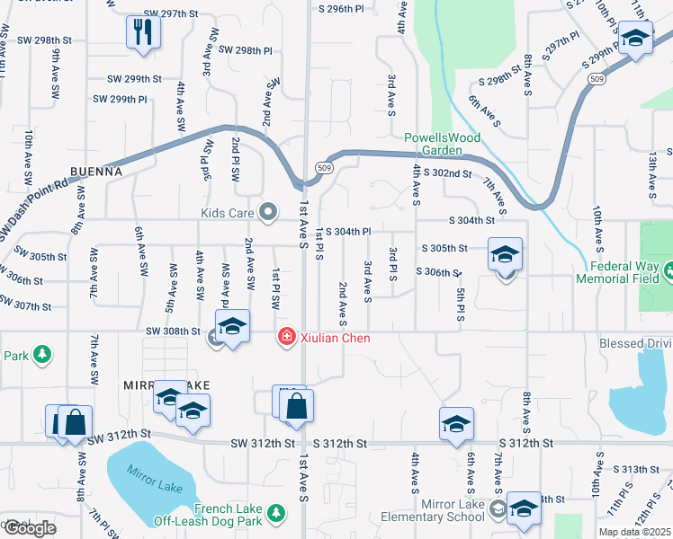 map of restaurants, bars, coffee shops, grocery stores, and more near 30438 2nd Avenue South in Federal Way