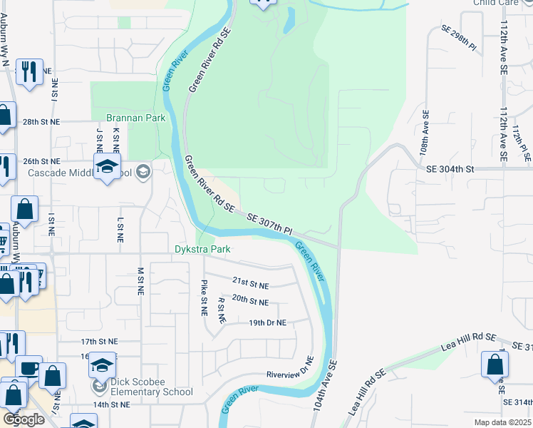 map of restaurants, bars, coffee shops, grocery stores, and more near 30640 Green River Road Southeast in Auburn