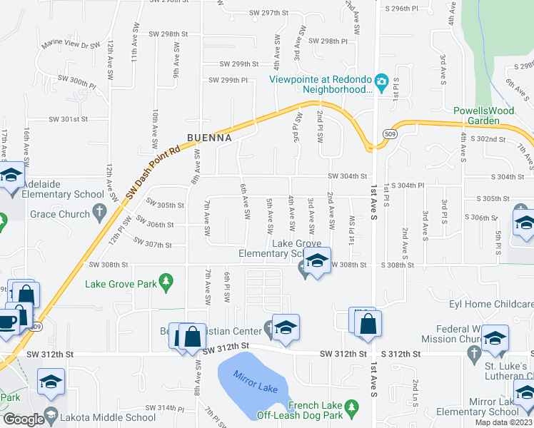 map of restaurants, bars, coffee shops, grocery stores, and more near 30525 5th Avenue Southwest in Federal Way
