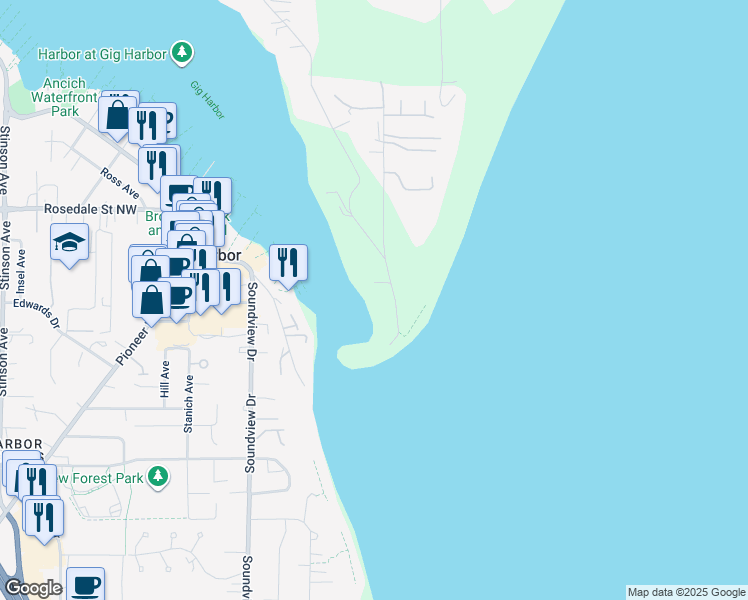 map of restaurants, bars, coffee shops, grocery stores, and more near 7706 Goodman Drive Northwest in Gig Harbor