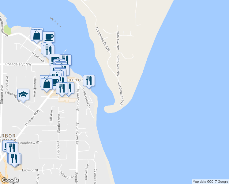 map of restaurants, bars, coffee shops, grocery stores, and more near 7706 Goodman Drive Northwest in Gig Harbor
