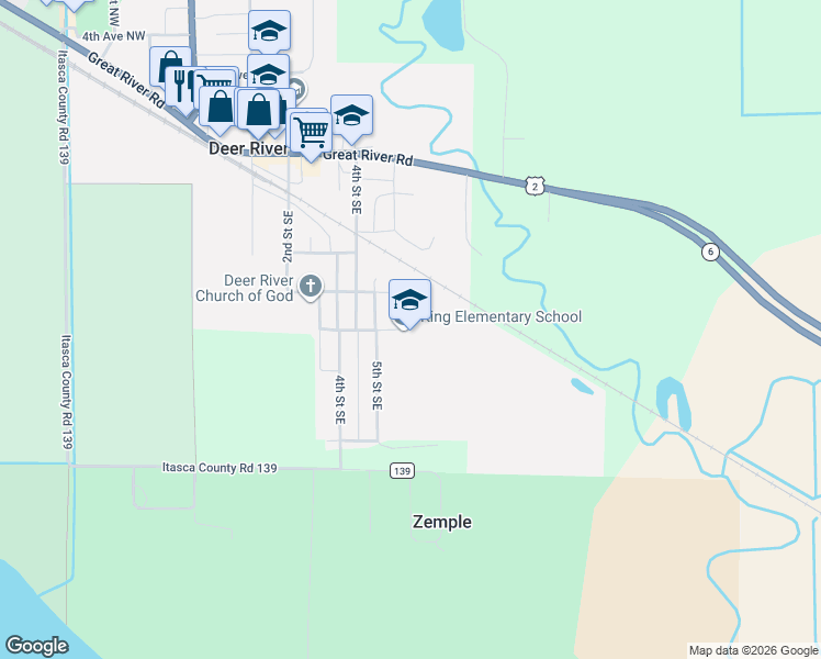 map of restaurants, bars, coffee shops, grocery stores, and more near 500 5th Street Southeast in Deer River