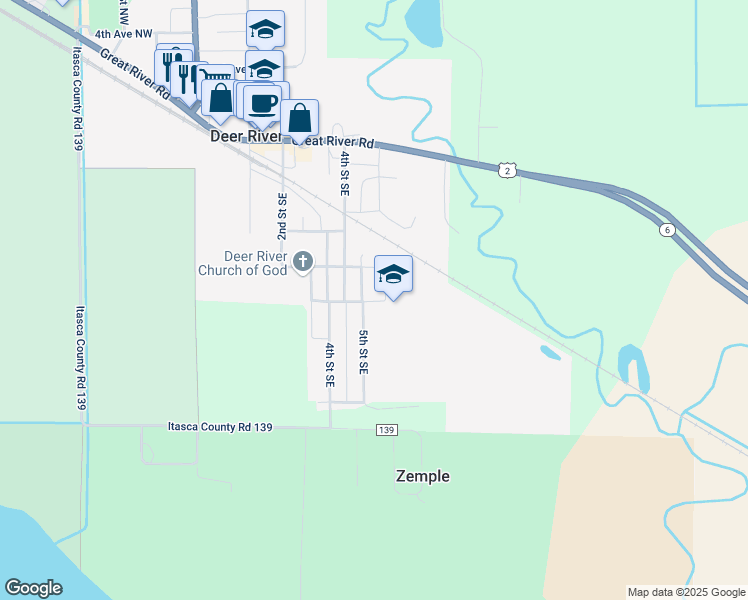 map of restaurants, bars, coffee shops, grocery stores, and more near 500 5th Street Southeast in Deer River