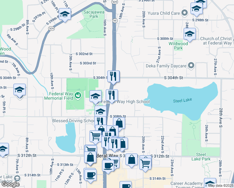 map of restaurants, bars, coffee shops, grocery stores, and more near 1717 South 305th Place in Federal Way
