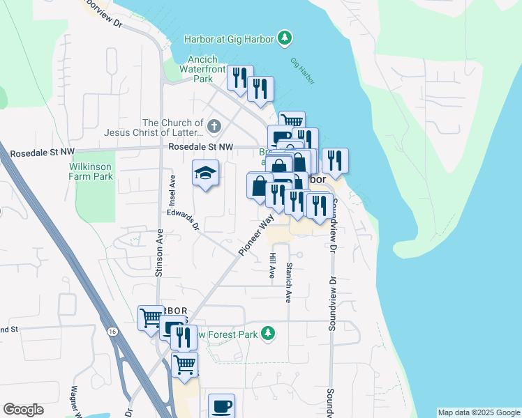 map of restaurants, bars, coffee shops, grocery stores, and more near 7700 Pioneer Way in Gig Harbor