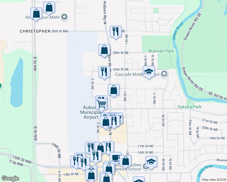 map of restaurants, bars, coffee shops, grocery stores, and more near 2352-2398 Auburn Way N in Auburn