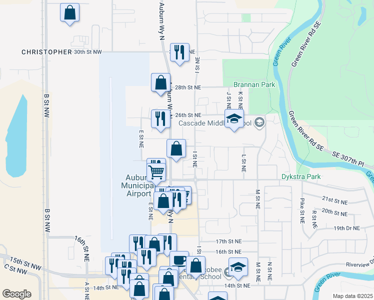 map of restaurants, bars, coffee shops, grocery stores, and more near 802 24th Street Northeast in Auburn