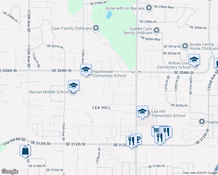 map of restaurants, bars, coffee shops, grocery stores, and more near 30563 120th Court Southeast in Auburn