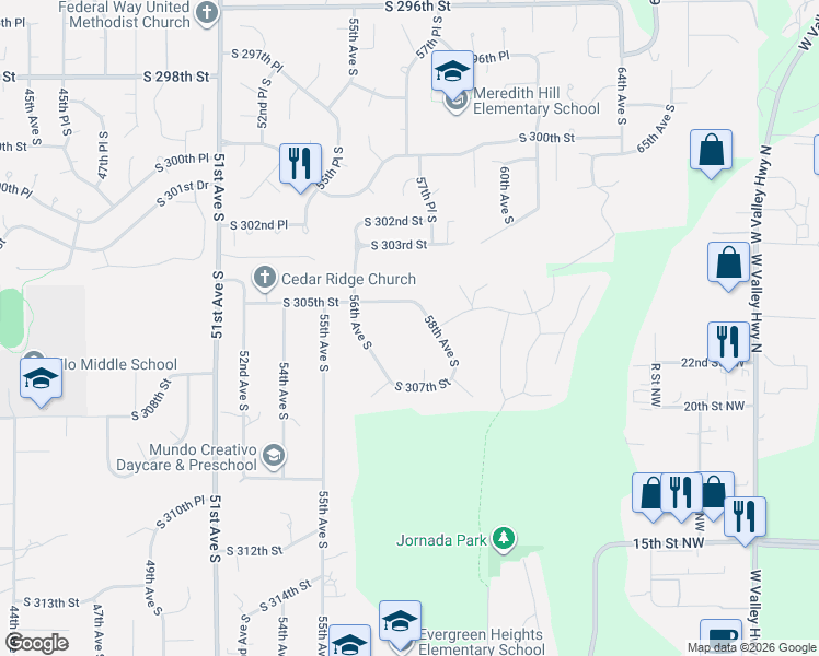 map of restaurants, bars, coffee shops, grocery stores, and more near 30523 58th Avenue South in Auburn