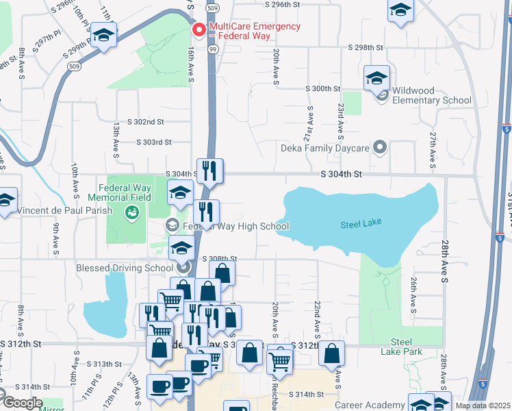 map of restaurants, bars, coffee shops, grocery stores, and more near 1757 South 305th Place in Federal Way