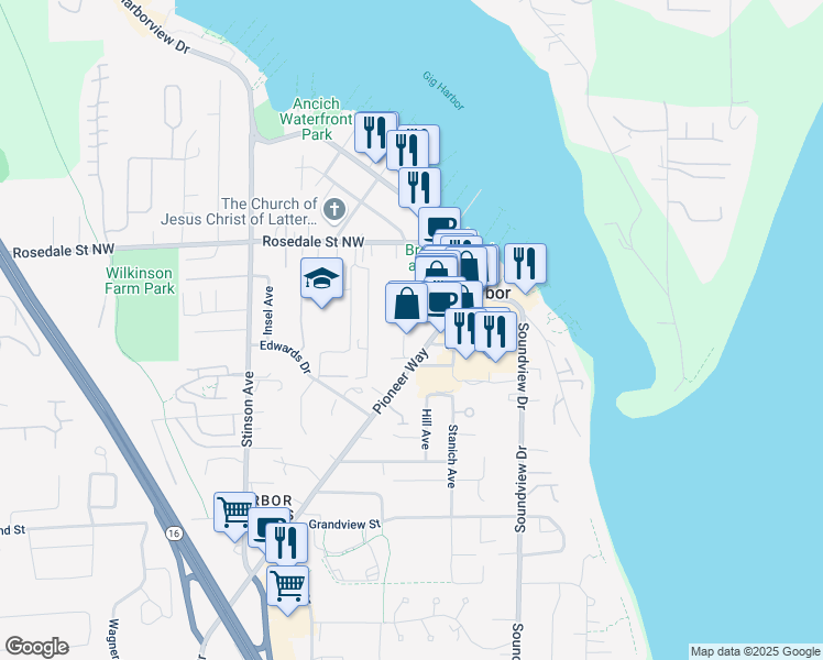 map of restaurants, bars, coffee shops, grocery stores, and more near 7700 Pioneer Way in Gig Harbor