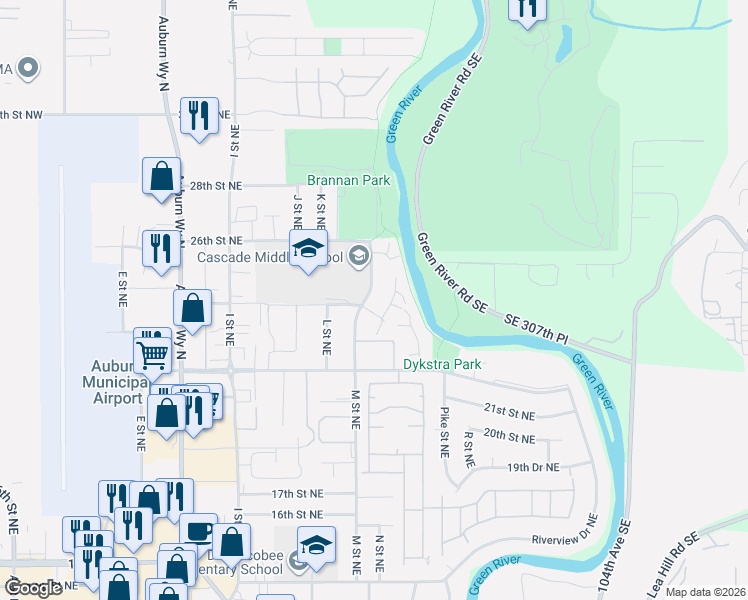 map of restaurants, bars, coffee shops, grocery stores, and more near 2312 M Street Northeast in Auburn