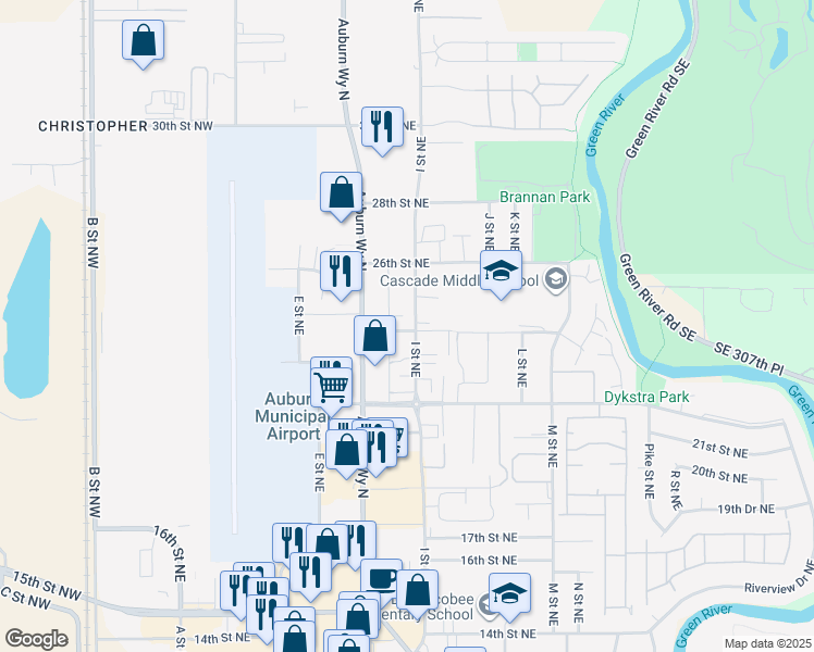 map of restaurants, bars, coffee shops, grocery stores, and more near 815 24th Street Northeast in Auburn