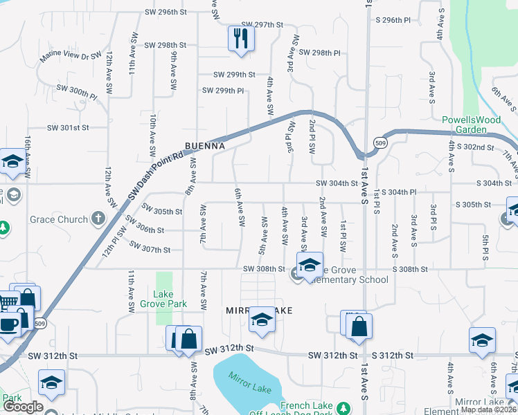 map of restaurants, bars, coffee shops, grocery stores, and more near 30525 5th Avenue Southwest in Federal Way