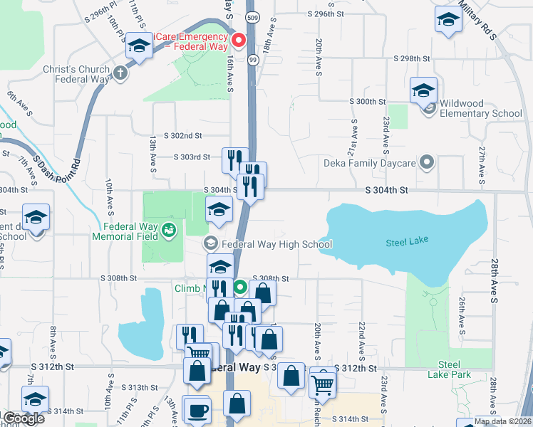 map of restaurants, bars, coffee shops, grocery stores, and more near 1728 South 305th Place in Federal Way
