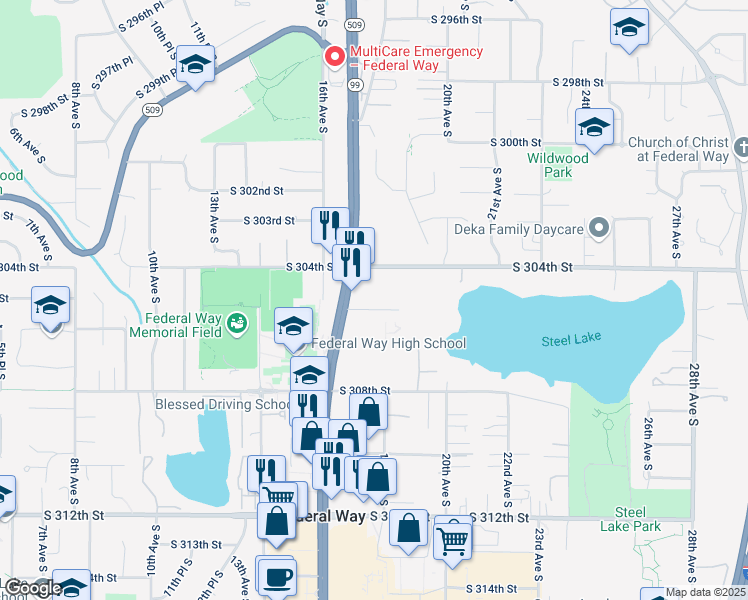 map of restaurants, bars, coffee shops, grocery stores, and more near 1727 South 305th Place in Federal Way