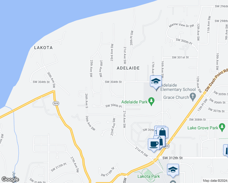 map of restaurants, bars, coffee shops, grocery stores, and more near 2138 Southwest 305th Street in Federal Way