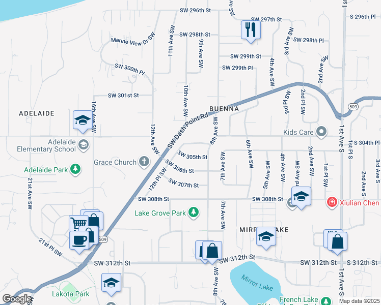 map of restaurants, bars, coffee shops, grocery stores, and more near 840 Southwest 306th Street in Federal Way
