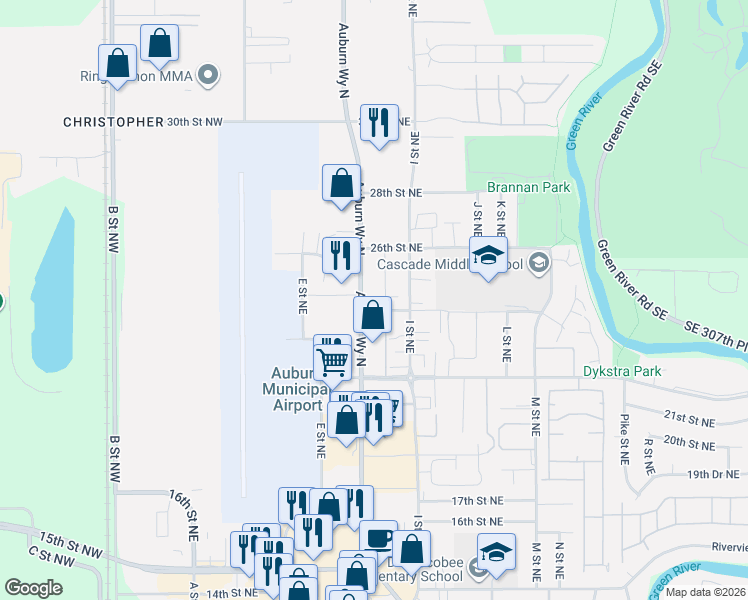 map of restaurants, bars, coffee shops, grocery stores, and more near 2402 Auburn Way North in Auburn