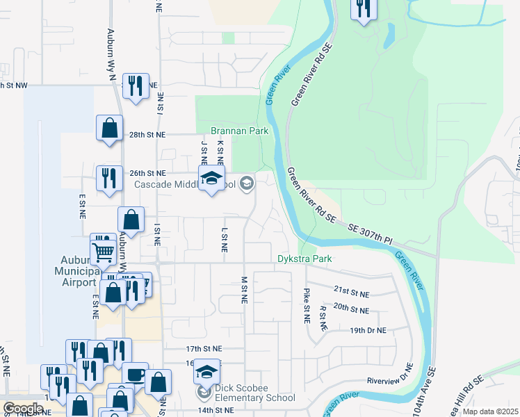 map of restaurants, bars, coffee shops, grocery stores, and more near 2402 N Street Northeast in Auburn