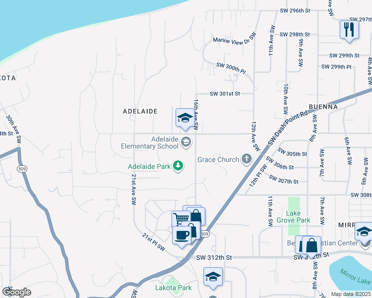 map of restaurants, bars, coffee shops, grocery stores, and more near 1635 Southwest 304th Street in Federal Way