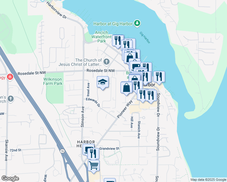 map of restaurants, bars, coffee shops, grocery stores, and more near 7809 Chinook Avenue in Gig Harbor