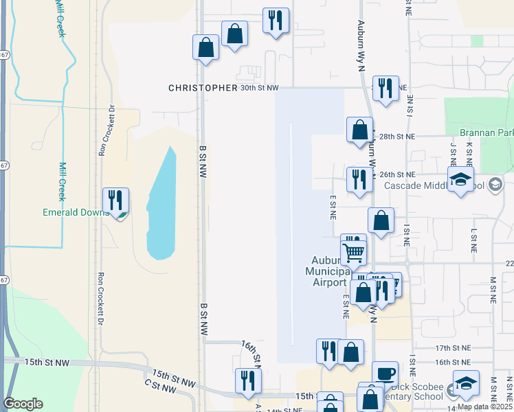 map of restaurants, bars, coffee shops, grocery stores, and more near 2302 B Street Northwest in Auburn