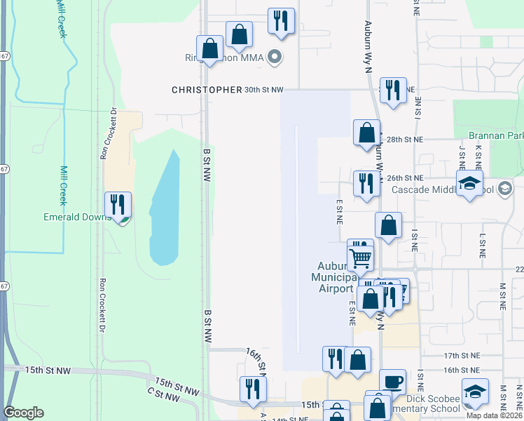 map of restaurants, bars, coffee shops, grocery stores, and more near 2302 B Street Northwest in Auburn