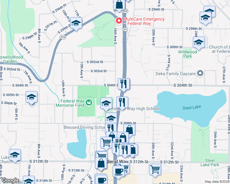 map of restaurants, bars, coffee shops, grocery stores, and more near 30419 Highway 99 in Federal Way