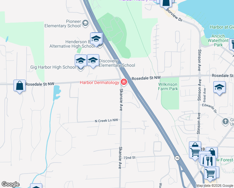 map of restaurants, bars, coffee shops, grocery stores, and more near 7792 Skansie Avenue in Gig Harbor