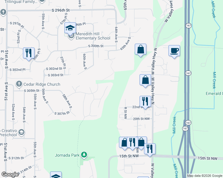 map of restaurants, bars, coffee shops, grocery stores, and more near 2432 T Street Northwest in Auburn