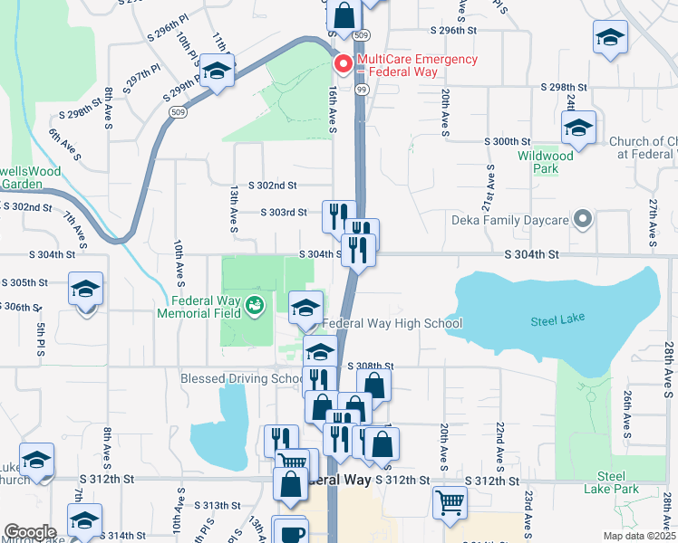 map of restaurants, bars, coffee shops, grocery stores, and more near 30419 Highway 99 in Federal Way