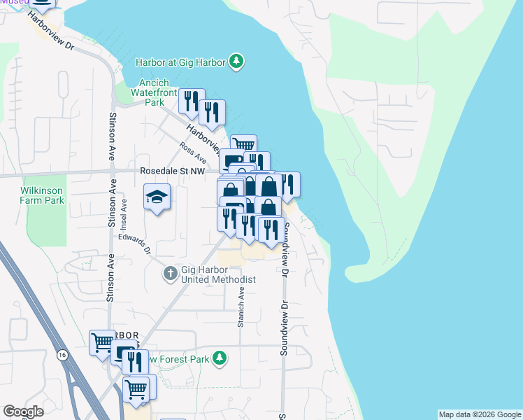 map of restaurants, bars, coffee shops, grocery stores, and more near 3026 Harborview Drive in Gig Harbor