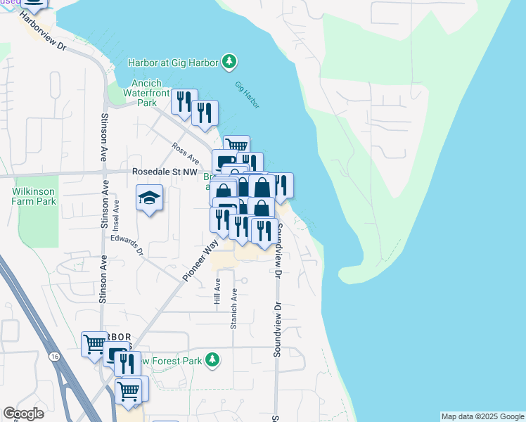 map of restaurants, bars, coffee shops, grocery stores, and more near 3002 Harborview Drive in Gig Harbor