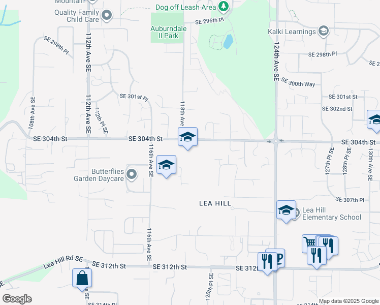 map of restaurants, bars, coffee shops, grocery stores, and more near 11815 Southeast 304th Street in Auburn
