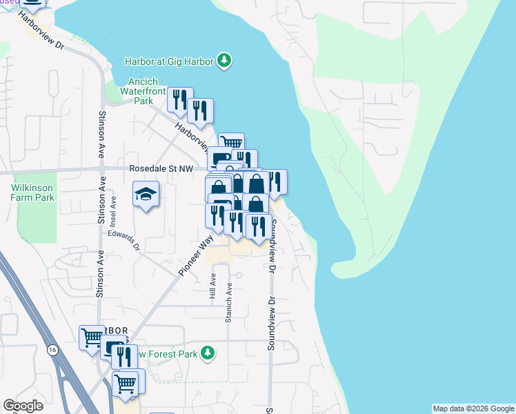 map of restaurants, bars, coffee shops, grocery stores, and more near 3002 Harborview Drive in Gig Harbor