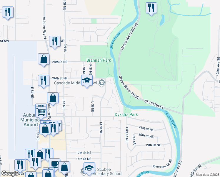 map of restaurants, bars, coffee shops, grocery stores, and more near 2520 M Place Northeast in Auburn