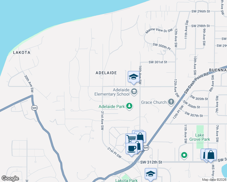 map of restaurants, bars, coffee shops, grocery stores, and more near 2001 Southwest 304th Street in Federal Way