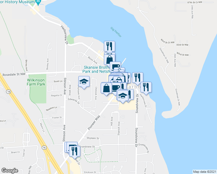 map of restaurants, bars, coffee shops, grocery stores, and more near 3305 Tarabochia Street in Gig Harbor